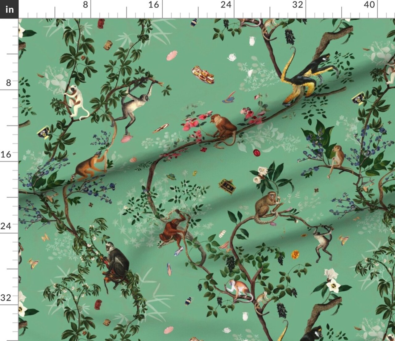 Glam Chinoiserie Vintage Style Monkey Jungle Jade Green Cottagecore Grandmillennial Custom Printed Fabric by Spoonflower Various Fabrics by the Yard or Fat Quarter